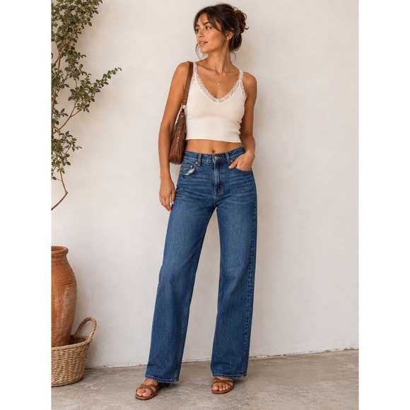 H&M Denim - H&M Womens High Waisted Wide Leg Jeans Medium Wash Blue Denim Size 6